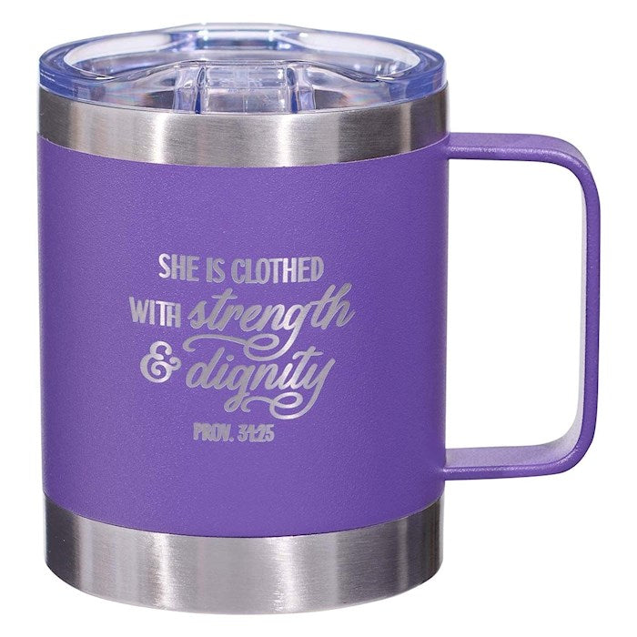 Mug She Is Clothed With Strength &amp; Dignity (Proverbs 31:25)-Purple Camp-Style Stainless Steel