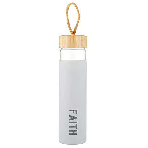 Glass Water Bottle-Faith w/Silicone Sleeve  Bamboo Lid (10&quot;H Holds 20 Oz)