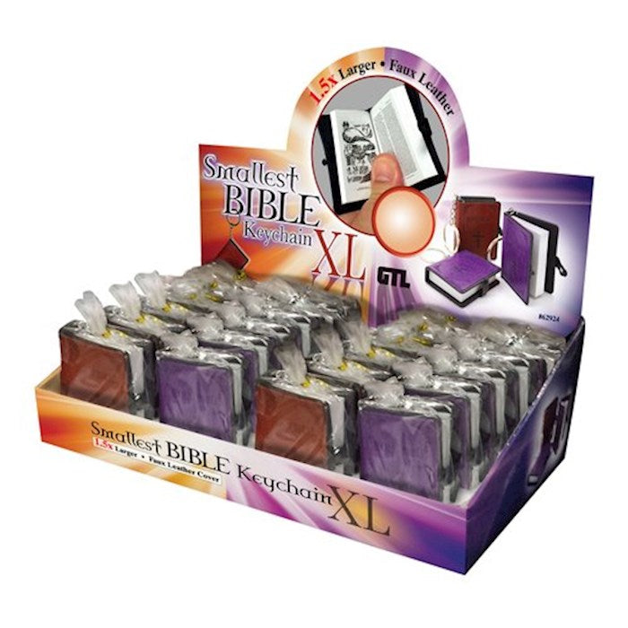 Smallest Bible Keychain Display-Leather Look w/Cross-Violet &amp; Brown (Pack Of 24)