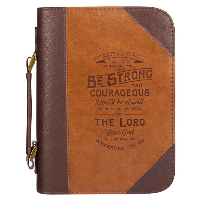 Bible Cover-Be Strong And Courageous (Joshua 1:9)-Toffee &amp; Chocolate Brown Faux Leather-Medium