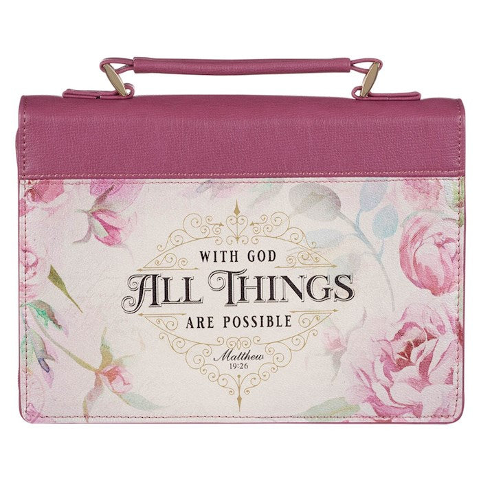 Bible Cover-With God All Things Are Possible (Matthew 19:26)-Vintage Dusty Rose Faux Leather Fashion-Large