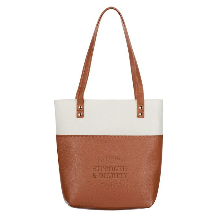 Tote Bag-Fashion-Strength &amp; Dignity-Tan/Brown