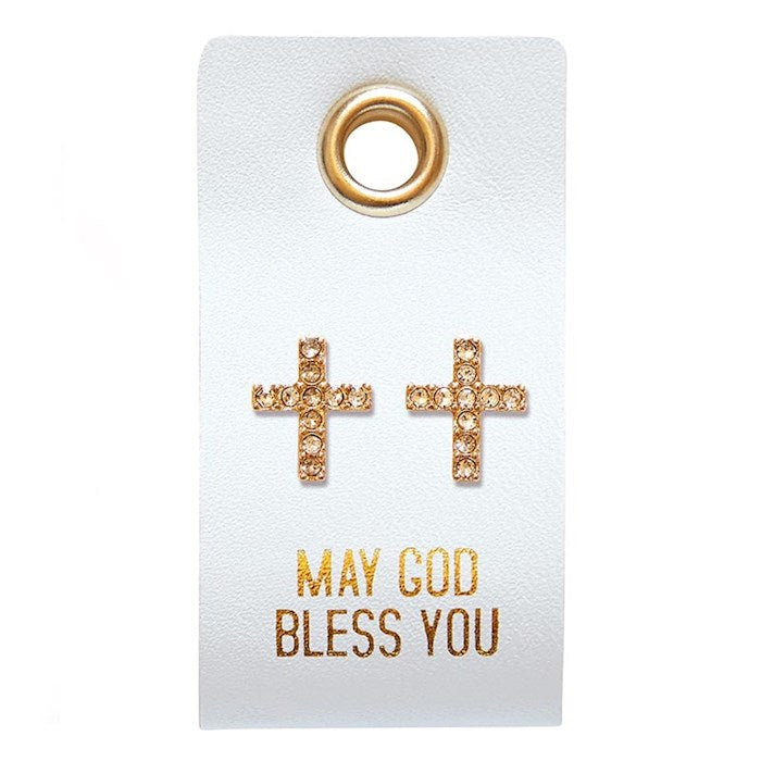 Earrings-May God Bless You/Straight Cross Studs On Leather Tag