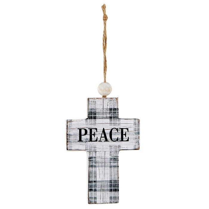 Hanging Cross-Peace-Black Plaid w/Jute Hanger (7")
