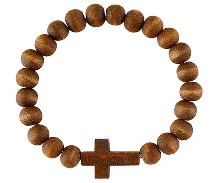 Bracelet-Wood Bead w/Cross-Stretch-Brown (7.5&quot;)