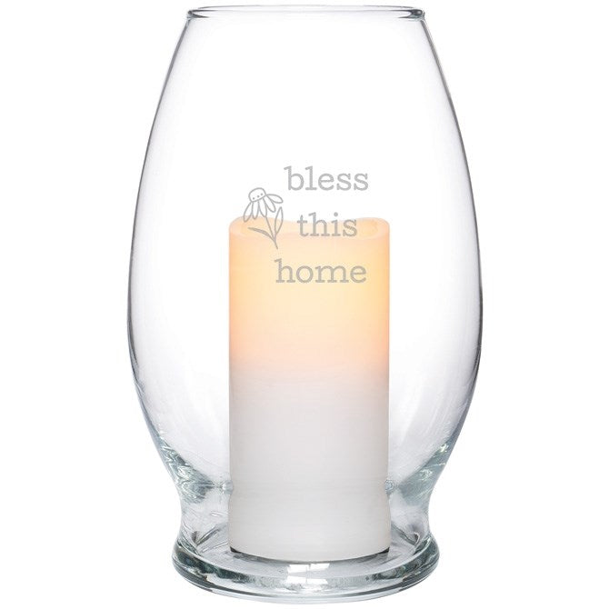 Hurricane Candle-Flameless Flicker-Bless This Home w/Timer (7&quot; x 4.375&quot;)