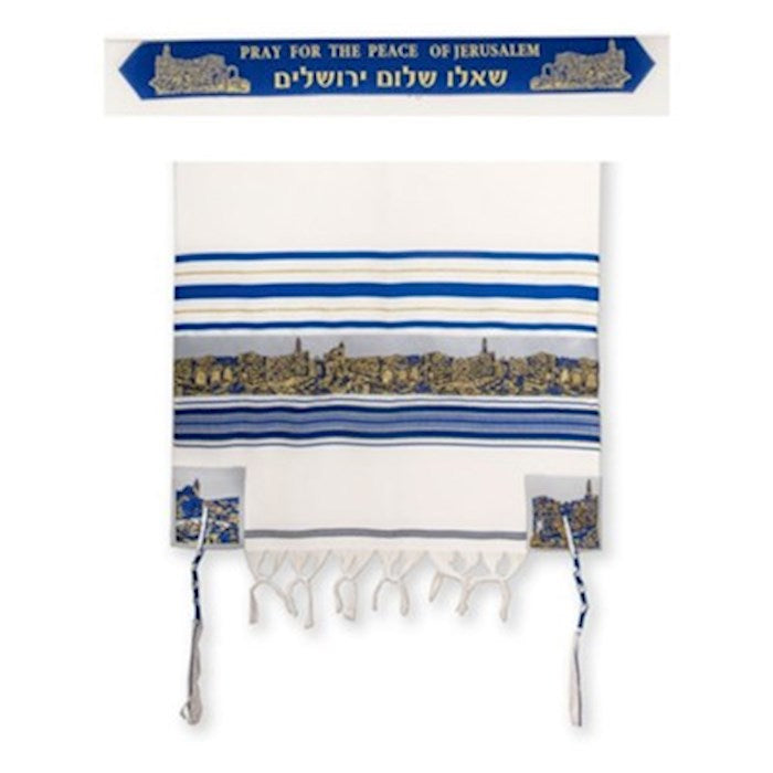 Prayer Shawl-Pray For The Peace Of Jerusalem-Blue/Gold  (72&quot; x 24&quot;) (