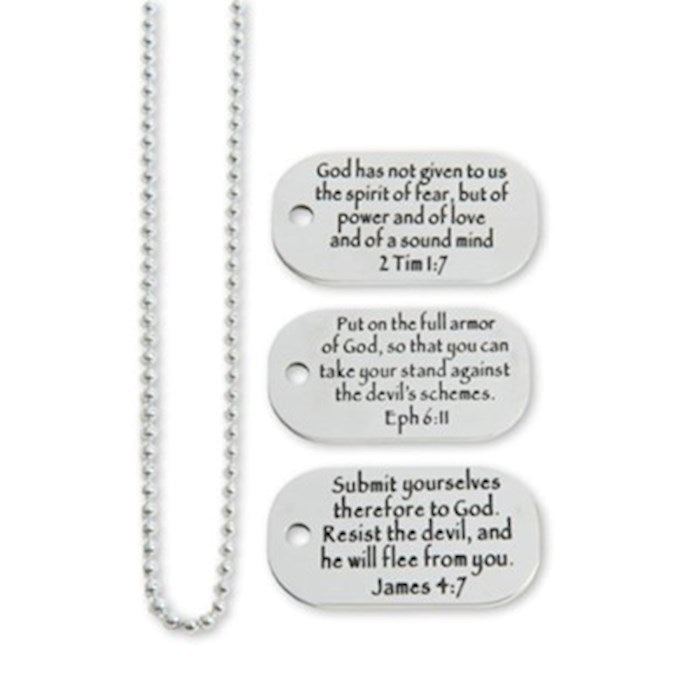 Pendant-3 Dog Tag Chain Set (Eph 6:11 James 5:7 2 Timothy 1:7) (