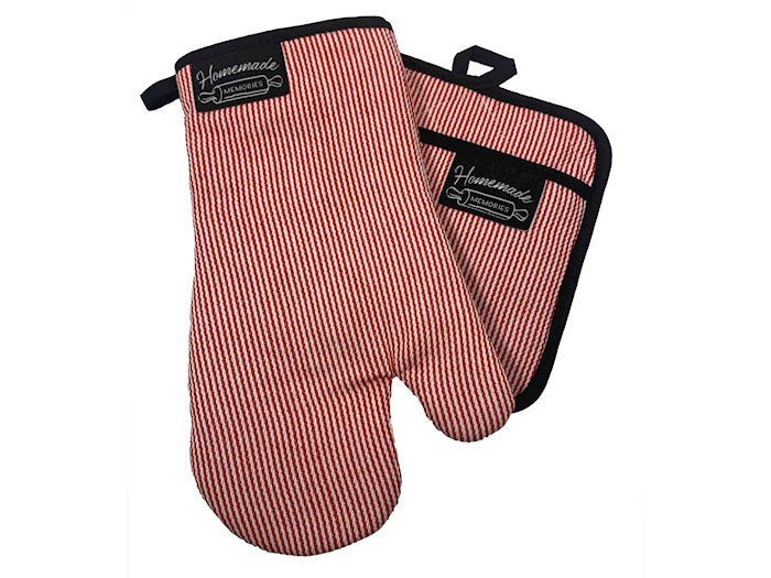 Oven Mitt &amp; Pot Holder Set-Red/White Pinstripe (Set Of 2)
