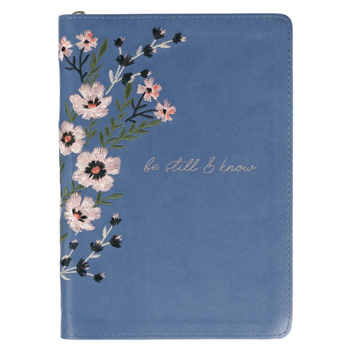Journal w/Zip Faux Leather-Be Still &amp; Know-Psalm 46:10-Blue Floral Embroidered