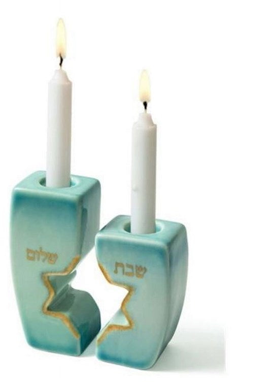 Candle Holders-Star Of David-Blue &amp; Gold Tones (2 Pieces) (