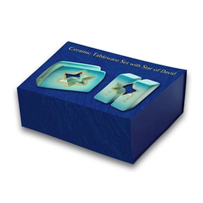 Tableware Set-Star Of David Napkin Holder &amp; Salt/Pepper Shakers-Blue &amp; Gold Tones (Ceramic) (