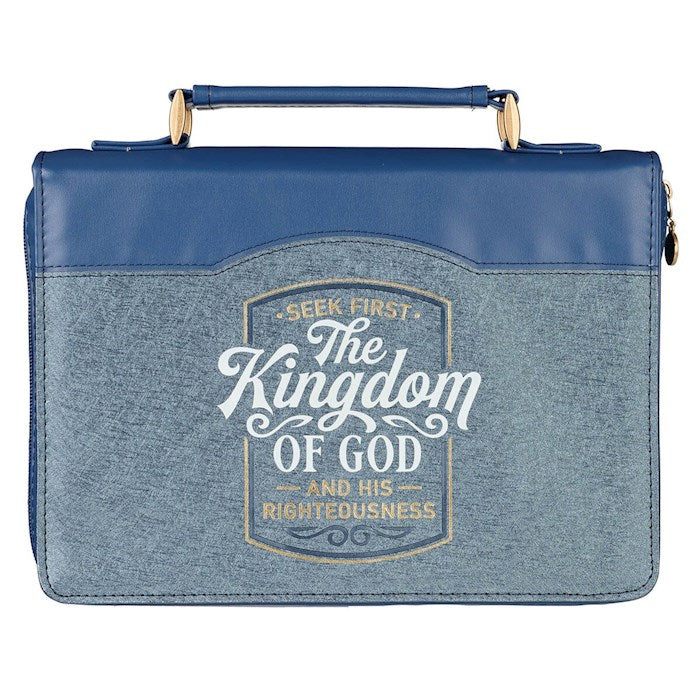 Bible Cover-Seek First The Kingdom Of God (Matthew 6:33)-Two-Tone Blue Faux Leather Fashion-Medium