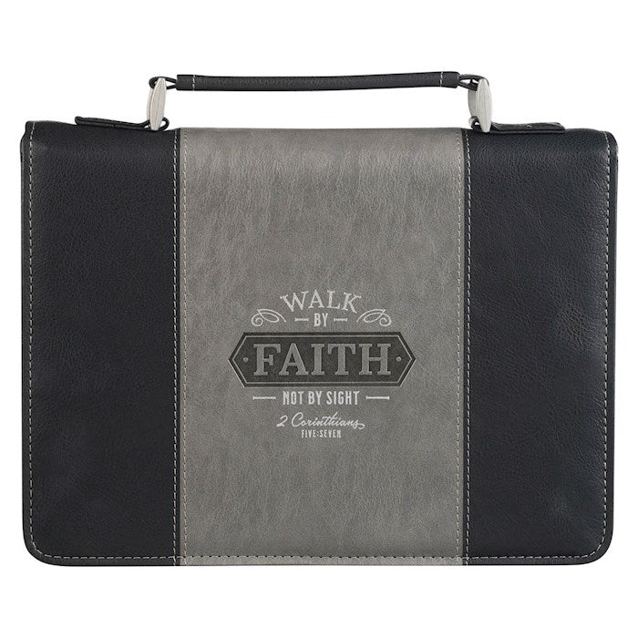 Bible Cover-Walk by Faith-2 Corinthians 5:7-Two-Tone Black-MED