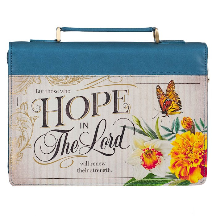 Bible Cover-Hope In The Lord-Floral Mediterranean Blue Faux Leather Fashion-Medium