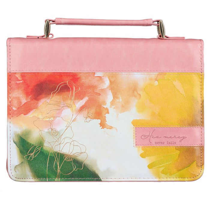 Bible Cover-His Mercy Never Fails-Pastel Meadow Pink Watercolor Faux Leather-Large