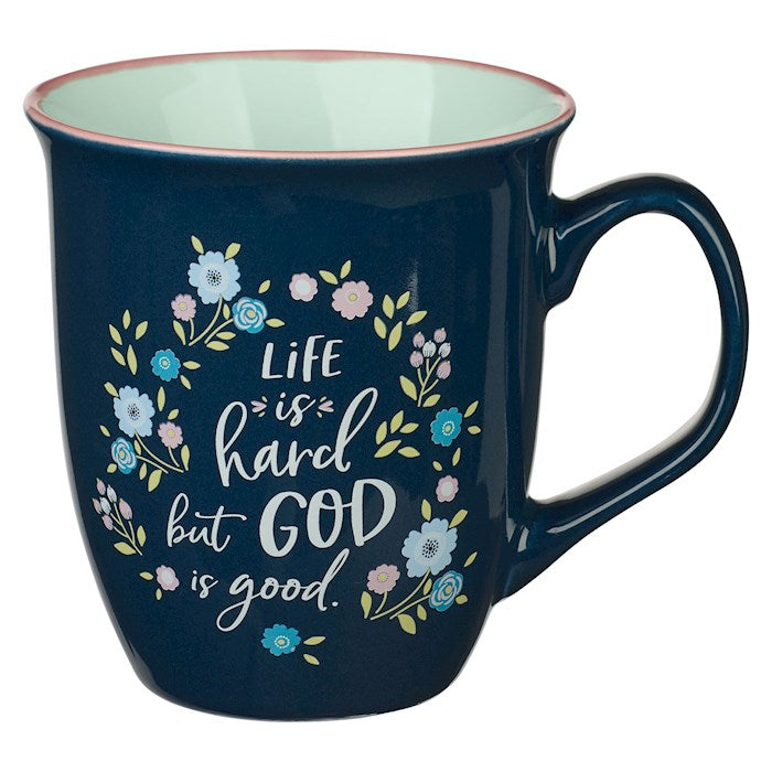 Mug-Life Is Hard But God Is Good (Psalm 107:1)-Navy Floral (MUG892)