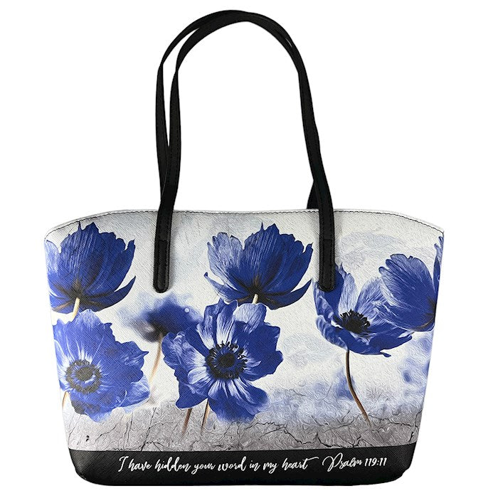 Bible Cover-Wedge Shape-Psalm 119:11-Blue Floral/Black-XLG