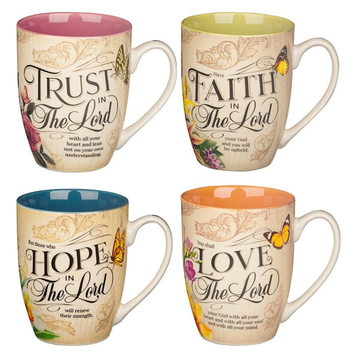 Mug Set-Hope Trust Faith Love (Set Of 4)-Floral Ceramic