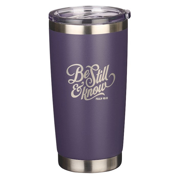 Travel Mug-Be Still &amp; Know (Psalm 46:10)-Purple Stainless Steel (18 oz)