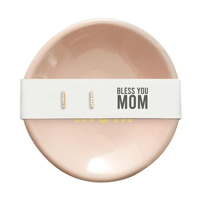 Ring Dish &amp; Earrings-Bless You Mom-Bless You Mom-Bars/Pink (3"D)