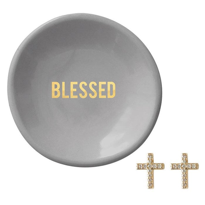 Trinket Tray &amp; Earrings-Blessed-Cross/Gray (3"D)