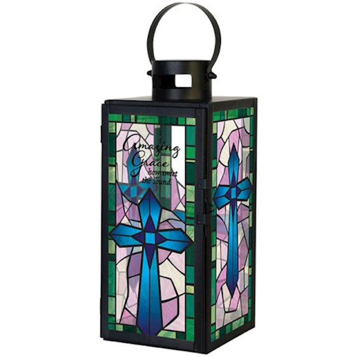 Lantern w/Flameless LED Candle &amp; Timer-Stained Glass/Amazing Grace (5" x 14" x 5")