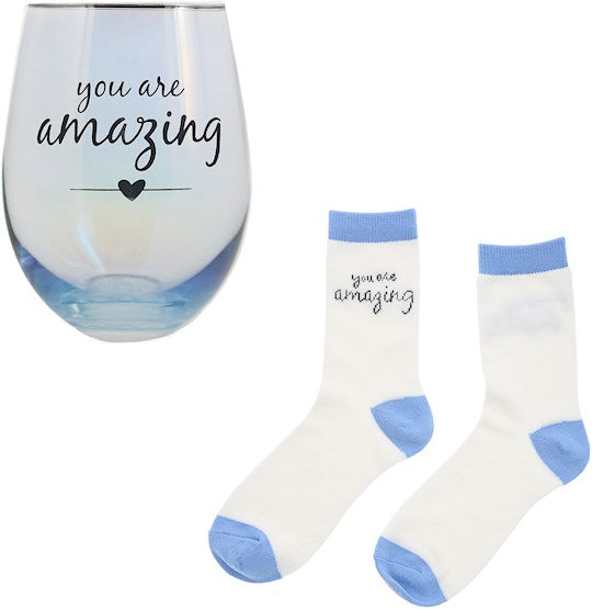 Gift Set-You Are Amazing-18oz Stemless Glass &amp; Socks Set
