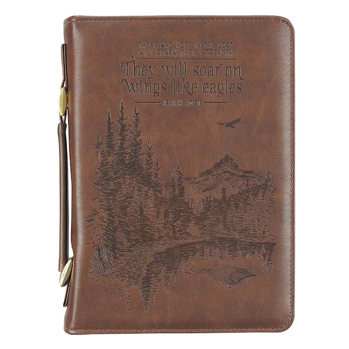 Bible Cover-On Wings Like Eagles (Isaiah 40:31)-Brown Faux Leather Classic-XLarge