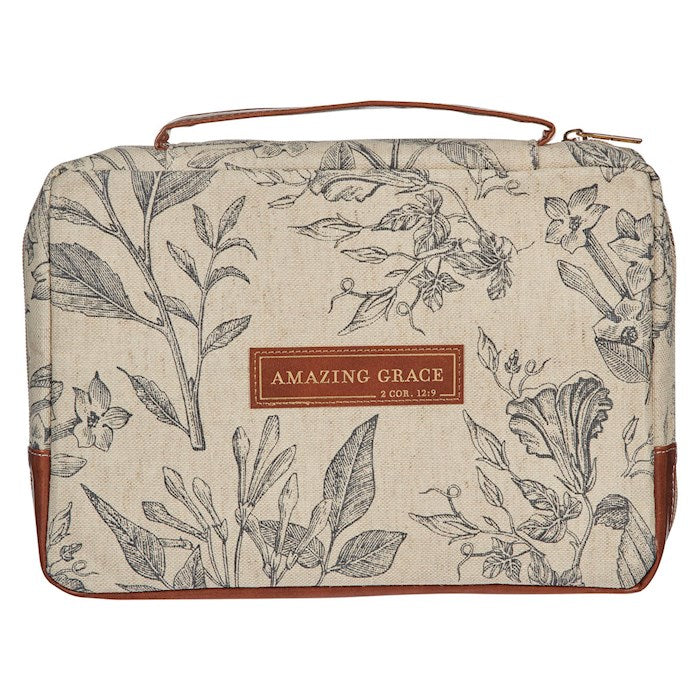 Bible Cover-Amazing Grace (2 Corinthians 12:9)-Cream/Floral Natural Canvas-Medium