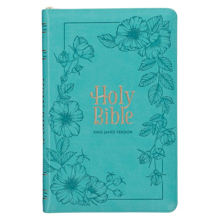 KJV Deluxe Gift Bible-Teal Floral Faux Leather Indexed w/Zipper