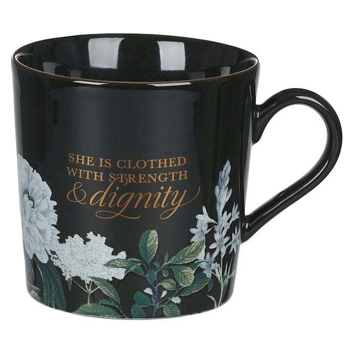 Mug-She Is Clothed With Strength &amp; Dignity (Proverbs 31:25)-Black Floral