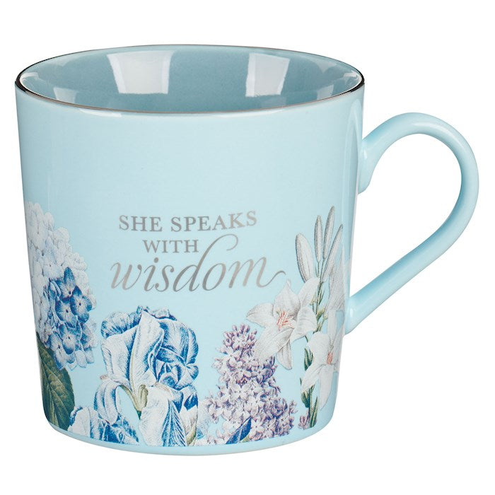 Mug-She Speaks With Wisdom (Proverbs 31:26)-Blue Floral (MUG1015)