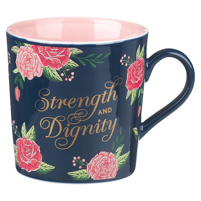 Mug-Strength &amp; Dignity (Proverbs 31:25)-Pink/Navy Floral (MUG991)