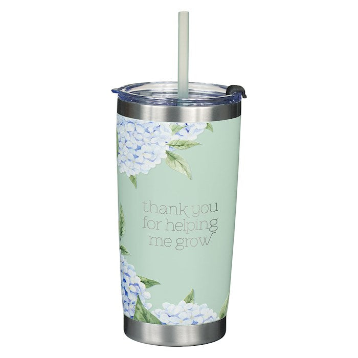 Travel Mug-Thank You For Helping Me Grow w/Straw-Light Green Stainless Steel (18 oz)