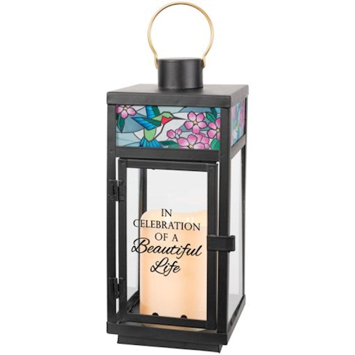 Lantern w/Flameless LED Candle &amp; Timer-Stained Glass/In Celebration Of A Beautiful Life (4.25&quot; x 12&quot; x 4.25&quot;)