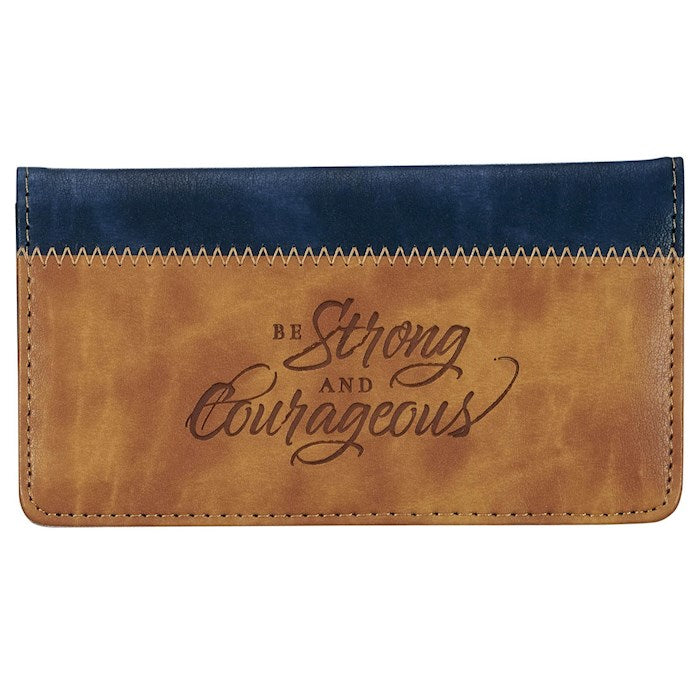 Checkbook Wallet-Be Strong &amp; Courageous (Joshua 1:9)-Navy &amp; Butterscotch Faux Leather