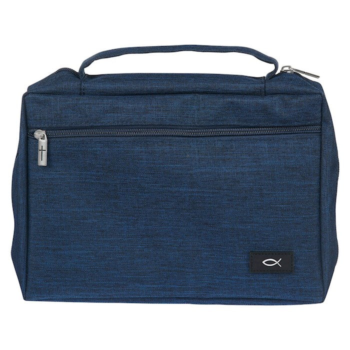 Bible Cover-Poly Canvas Value With Ichthus-Navy Blue-Medium