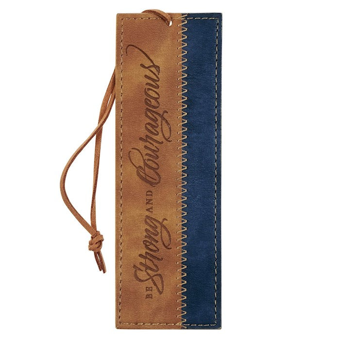 Bookmark-Be Strong &amp; Courageous (Joshua 1:9)-Butterscotch &amp; Navy Faux Leather
