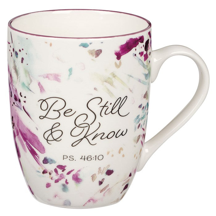 Mug-Budget-Be Still And Know (Psalm 46:10)-Purple Abstract (MUG1059)
