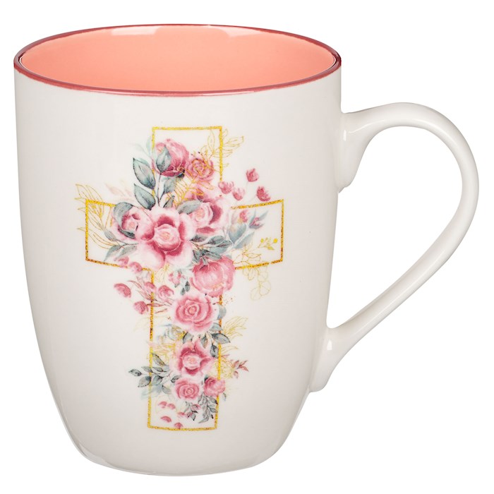 Mug-Budget-Pink Floral Cross-White (MUG1061)