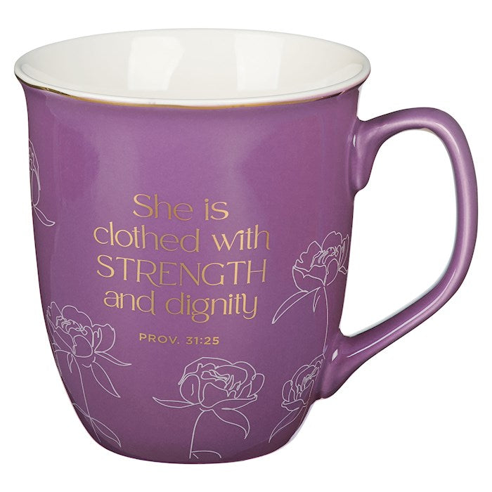 Mug-She Is Clothed With Strength &amp; Dignity (Proverbs 31:25)-Plum Blooms (MUG1106)