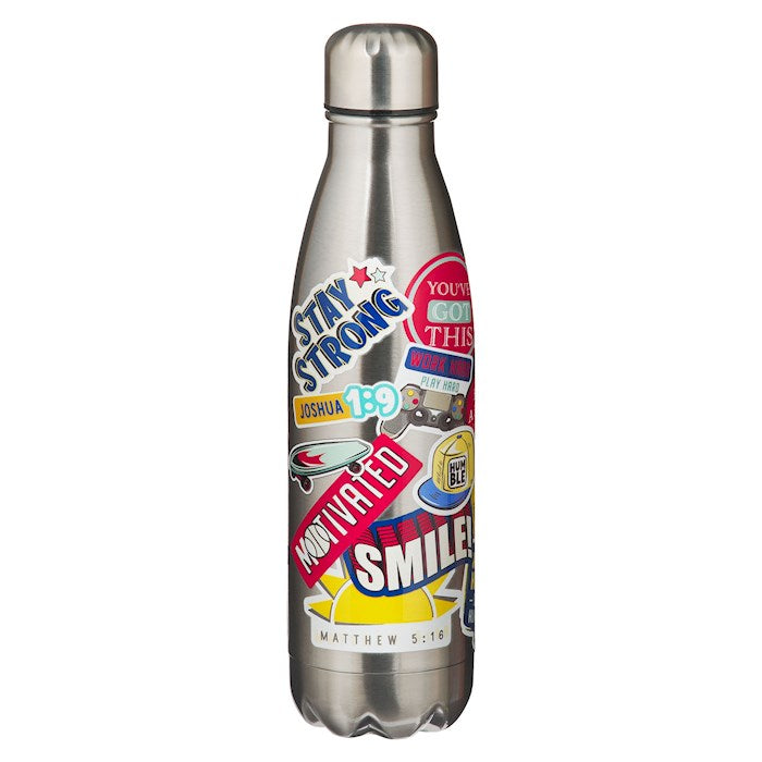 Water Bottle-Stay Strong Kids Stickers-Silver Stainless Steel (17 oz)