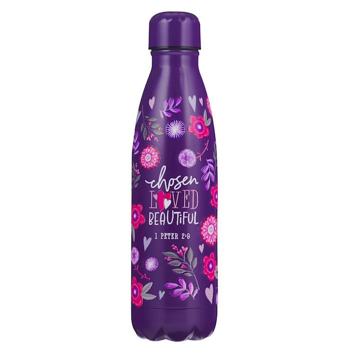 Water Bottle-Chosen Loved Beautiful (1 Peter 2:9)-Purple Floral Stainless Steel (17 oz)