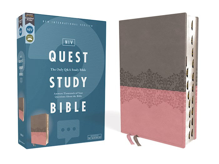 NIV Quest Study Bible (Comfort Print)-Gray/Pink Leathersoft Indexed