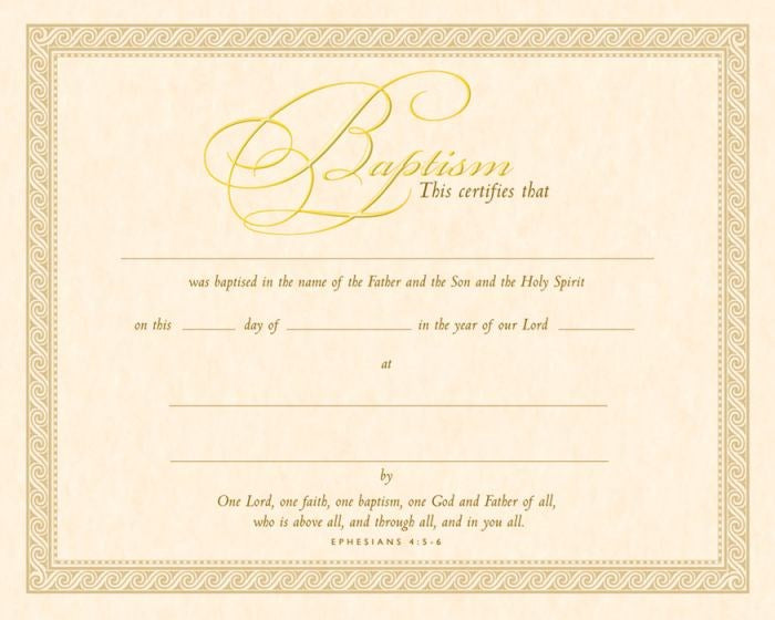 Certificate-Baptism (Ephesians 4: 5-6) (Gold Foil Embossed  Parchment) (Pack Of 6)