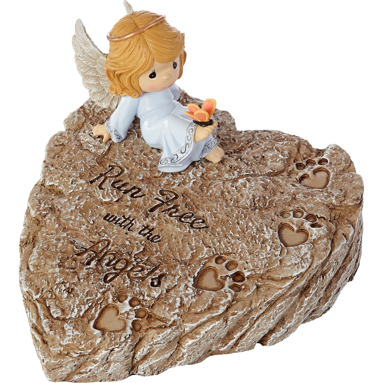 Garden Stone-Angel On Heart Shaped Stone With Paw Prints