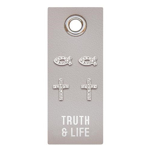 Earrings-Truth &amp; Life/2 Sets Of Studs On Leather Tag