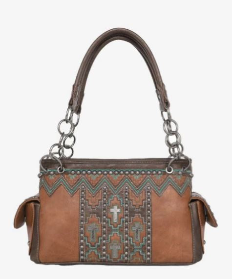 Handbag-Concho Collection w/Small Crosses (Concealed Carry)-Brown