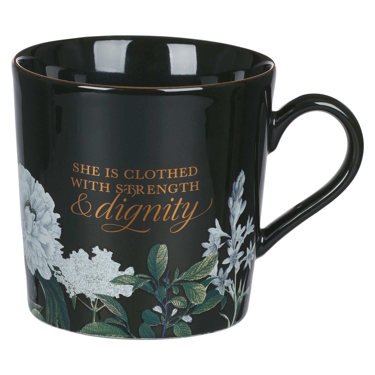 Mug Black Floral Strength &amp; Dignity Prov. 31:25